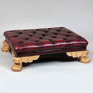 Large Giltwood and Tufted Leather Ottoman