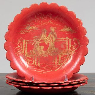Set of Four Victorian Red Papier MachÃ© Table Coasters