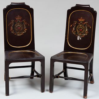 Pair of Victorian Brown Painted Hall Chairs