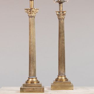 Pair of Brass Fluted Columnar Lamps