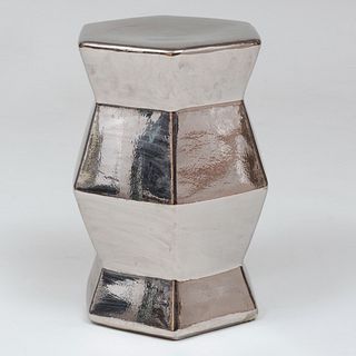 Silvered Pottery Hexagonal Garden Seat, of Recent Manufacture