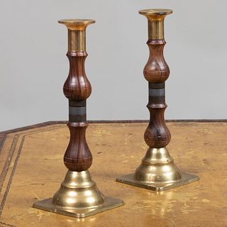 Pair of Brass, Wood, and Metal Candlesticks