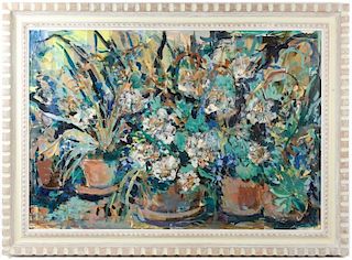 Ruth Larkin, Oil & Collage on Board, "Flowers"