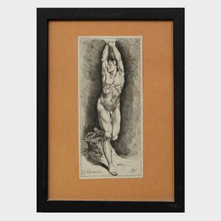 Jan de Bisschop (c. 1628-1671): Male Nude with Arms Raised