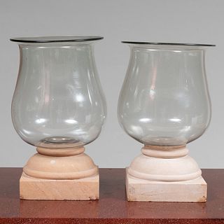 Pair of Large Cast Stone and Glass Hurricane Lamps