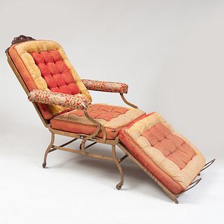 Victorian Mahogany, Painted Metal and Upholstered Adjustable Chaise Lounge