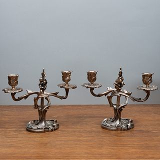 Pair of Louis XV Style Silvered Bronze Two-Light Candlesticks