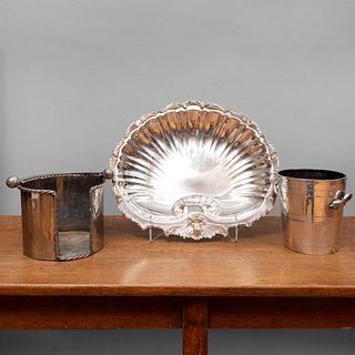 Two Silver Metal Wine Buckets and a Shell Form Bowl