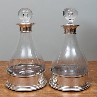 Pair of English Silver Bottle Coasters Together with Two Decanters