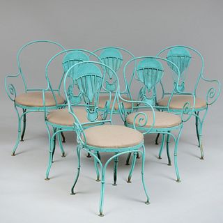 Six French Blue Painted Balloon-Back CafÃ© Chairs
