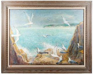 Signed Ben Shute, Coastal View with Seagulls