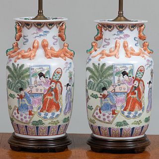 Pair of Chinese Famille Rose Porcelain Baluster Vases Mounted as Lamps