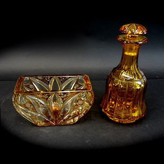 Two (2) Vintage Amber Cut to Clear Tableware