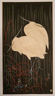 Ohara Koson (Shoson) woodblock "Egrets in the Rain"