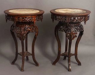 Pair of Carved and Dali Stone Inset Hardwood Stand