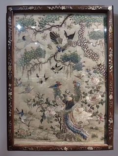 Large Silk Embroidered 'Birds' Panel