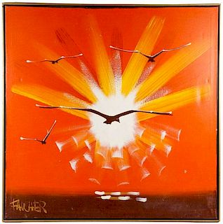 Signed Modernist Square Painting "Birds in Flight"