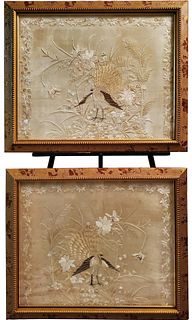 Left and Right Pair of Chinese Embroideries Of Peacocks