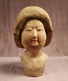 Rare Tang Dyn. painted pottery bust of a "Fat" lady