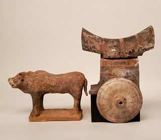 Pre-Tang Dyn. Four-Piece Sculptures Of Ox And Cart