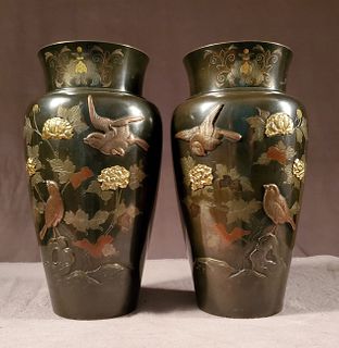 Pair of Japanese Meiji period mixed metal bronze vases,