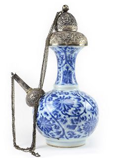 Kangxi Blue & White Porcelain Kendi with Silver Mounts