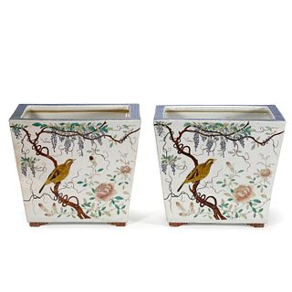 Pair of Guangxu 'Birds and Flower' Porcelain Planters