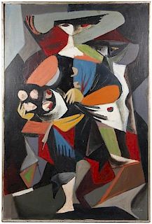 Roman Chatov '68 Oil, Cubist Figure with Flowers