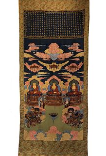 A Silk Kesi 'Three Buddha' Inscribed Thangka