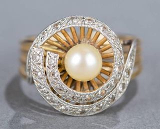 Art Deco 14kt white gold diamond and pearl ring.