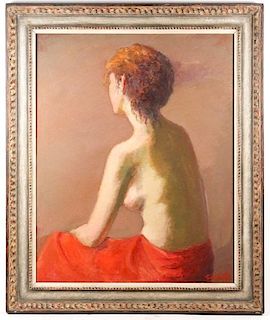 Constantin Chatov Signed Oil, "Nude in Red Drape"