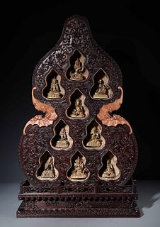 Carved Zitan Double-Gourd Shrine & Nine Buddhas