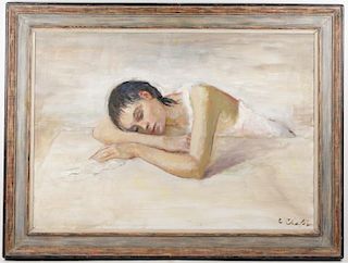 "Lounging Girl in White", Signed C. Chatov Oil