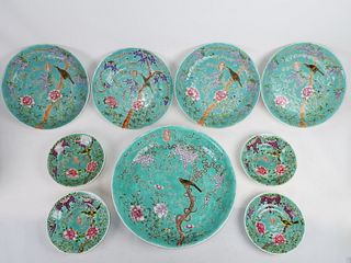 Set of Nine Turquoise-Ground Dayazhai Style Dishes
