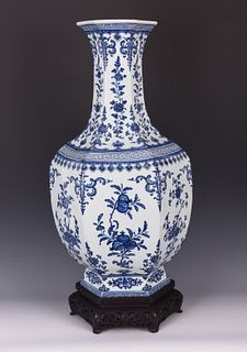 Large Hexagonal Blue and White Porcelain Vase With Mark