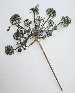 Chinese Kingfisher Feather Hair Pin with Color Stone