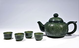 Ornately Carved Green Jade Tea Set
