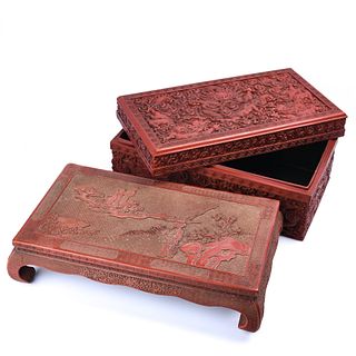 Finely Carved Red Cinnabar Dragon Box And Stand