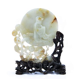 Imperial Poem-Inscribed White Jade Pendent on Stand