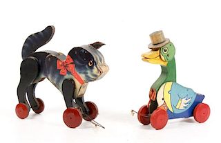 Two 1920s/30s All-Fair Pull Toys, Duck & Tabby Cat