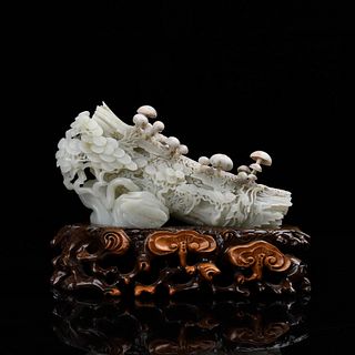 Finely Carved White Jade Boulder on Stand