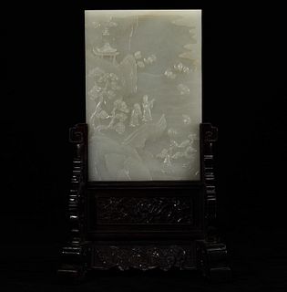 Fine Carved Hetian Jade 'Figural and Landscape' Panel