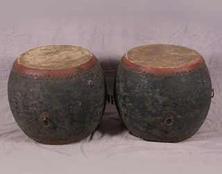 A rare pair Chinese large lacquer drums with leather