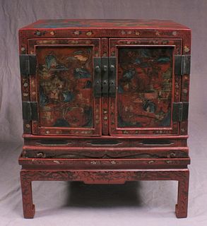18/19th C.Chinese Lacquered Red Cabinet On Stand
