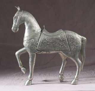 A Large Engraved and Repoussed Silver Horse, 19/20th C.