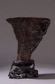 Finely Carved  Chenxiang Agarwood Libation Cup on Stand
