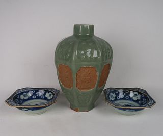 A Celadon Glazed Vase and Two Blue & White Bowls