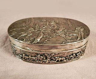 Silver oval lidded what-not box with repoussÃ©.  Dutch