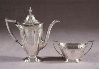 Incised sterling silver coffee pot and sugar bowl,