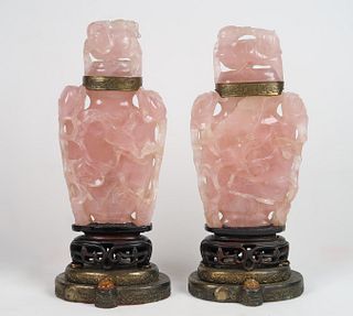 A Pair of Finely Carved Rose Quartz Covered Vessels